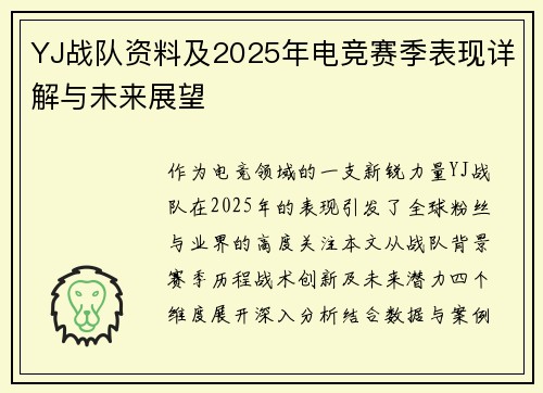 YJ战队资料及2025年电竞赛季表现详解与未来展望