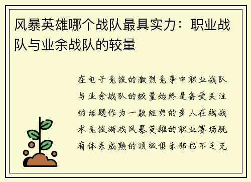 风暴英雄哪个战队最具实力：职业战队与业余战队的较量